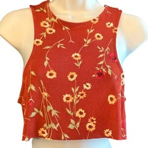 Danielle Bernstein, Sleeveless Crop Top, High Neck, Rust Red Floral Print, XS